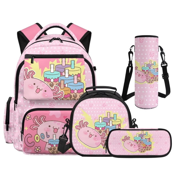 Yspwyqan Pink Boba Axolotl 4Pcs Backpack Set with Lunch Box Pencil Case Water Bottle Bag, 17 Inch Multi-Pocket Lightweight Laptop Backpack for Elementary Middle School Travel
