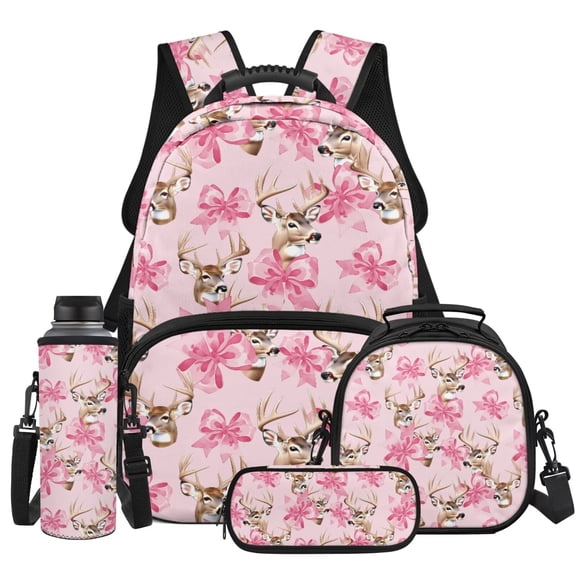 Yspwyqan Pink Bow Backpack Set for Kids, 4Pcs with Lunch Box Pencil Case Water Bottle Bag, Deer Head 17 Inch Lightweight Bookbag Fits 13 Inch Laptop for Elementary Middle School