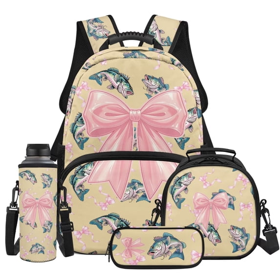 Yspwyqan Pink Bow Backpack Set for Teens, Girls Bass Fish Backpack and Lunchbox Set 4Pcs, 17 Inch Trendy Large Capacity Bookbag for Middle High School