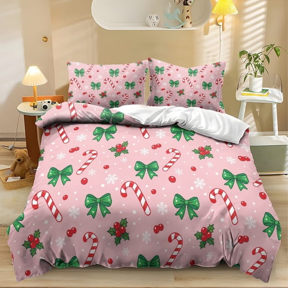 Yspwyqan Pink Christmas 3 Piece Comforter Set Twin XL, Soft All Season Candy Cane Bow Bedding Set with 1 Comforter 2 Pillow Shams for Girls Room Holiday Decor