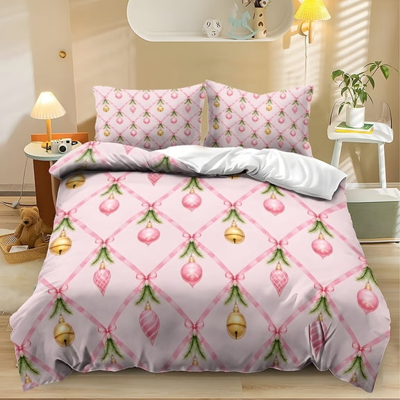 Yspwyqan Pink Christmas Bell 3 Piece Bedding Set Oversized King, Soft All Season Comforter Set Bed in a Bag with 1 Comforter 2 Pillowcases for Girls Bedroom Holiday Decor