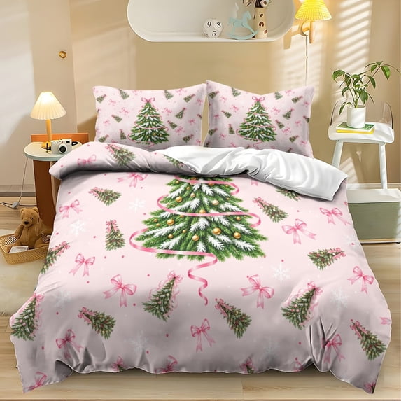 Yspwyqan Pink Christmas Tree Queen Size Comforter Set, 3 Piece Soft Bedding Set with 1 Comforter 2 Pillow Shams for Winter Holiday Girls Bedroom Decor