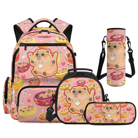 Yspwyqan Pink Fruit Capybara Backpack Set With Lunch Box Pencil Case Girl, 4Pcs 17 Inch Large Capacity Front Pocket Bookbag for Middle High School