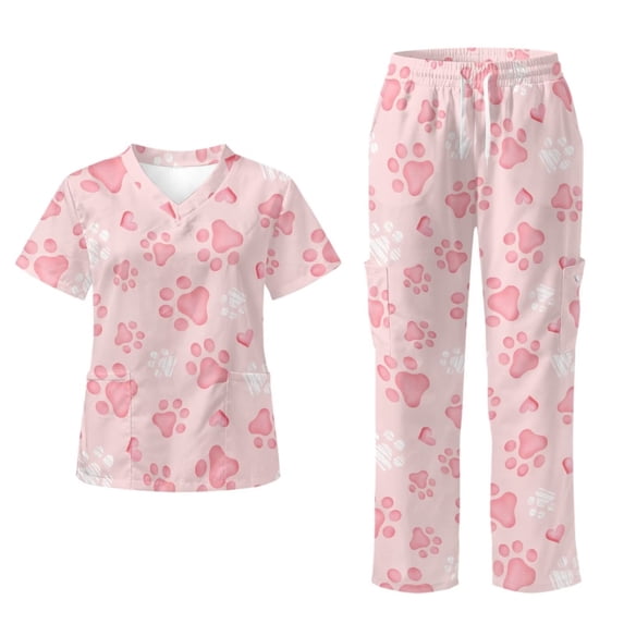 Yspwyqan Pink Paw Print Scrubs for Women Set, 2PCS V-Neck Stretchy Scrub Top & Straight Leg Pants Size 3XL, Breathable Quick Dry Medical Nurse Shirts for Pet Grooming