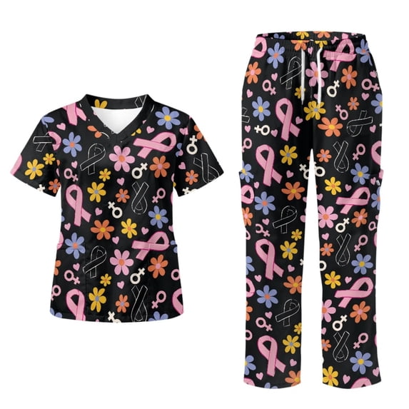 Yspwyqan Pink Ribbon Floral Scrub Suit Women Set Size 5XL, Breast Cancer V-Neck Scrub Top and Straight Leg Pants, Stretchy Cozy 2PCS Workwear with 6 Pockets Quick Dry for Salon Spa Medical Clinic
