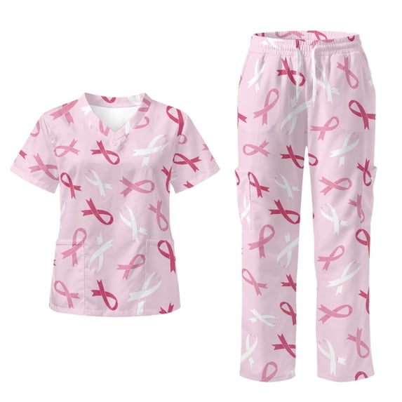 Yspwyqan Pink Ribbon Scrub Uniforms for Women, 2 Piece Short Sleeve V-Neck Scrubs, Stretchy Cozy Breast Cancer T Shirts with Pockets for Healthcare Medical Nursing, Size 3XL