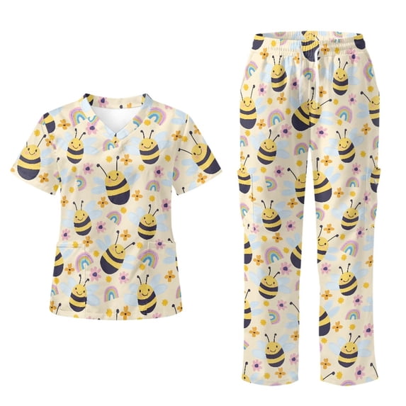 Yspwyqan Print Scrub Sets for Women, Cute Bee 2PCS V-Neck Scrub Top & Cargo Pants, Breathable Stretchy Nursing Uniforms with 6 Pockets for Pet Grooming Pediatric, Size S