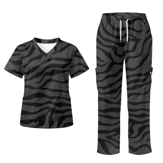 Yspwyqan Print Scrub Sets for Women Size 4XL, Grey Zebra Stripe V-Neck Scrub Top & Cargo Pants 2PCS, Stretchy Fashion Working Shirts with Pockets for Pet Grooming Healthcare Work