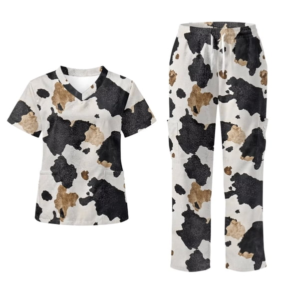 Yspwyqan Print Scrub Sets for Women, Western Cow Print V-Neck Scrub Top & Cargo Pants 2PCS, Stretchy Fashion Working Shirts with Pockets for Pet Grooming Healthcare Work, Size 2XL