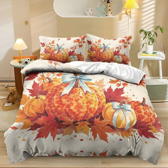 Yspwyqan Pumpkin Maple Leaves Twin XL Size Comforter Set, 3 Piece Soft Fall Bedding Set with 2 Matching Pillow Shams for Autumn Thanksgiving Bedroom Decor