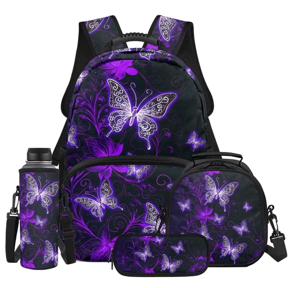 Yspwyqan Purple Glitter Butterfly Backpack Set for School Kids, Lunch Box Set 4Pcs Large Capacity Padded Straps Trendy Daypack for Ages 8-15 Travel