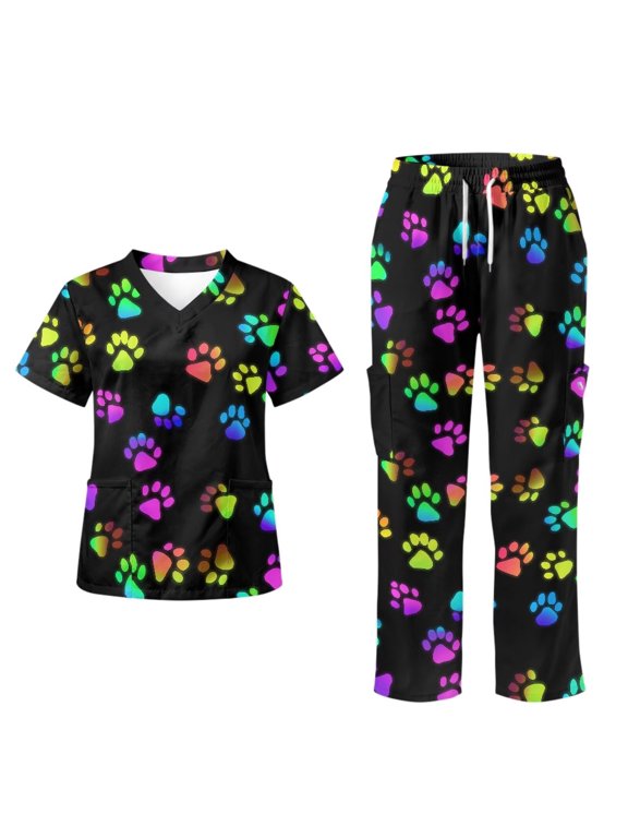 Yspwyqan Rainbow Paw Print Scrubs for Women Set, 2 Piece V-Neck Short Sleeve Scrub Top & Straight Leg Pants, Stretchy Breathable Uniforms with 6 Pockets for Medical Nurse, Size 2XL
