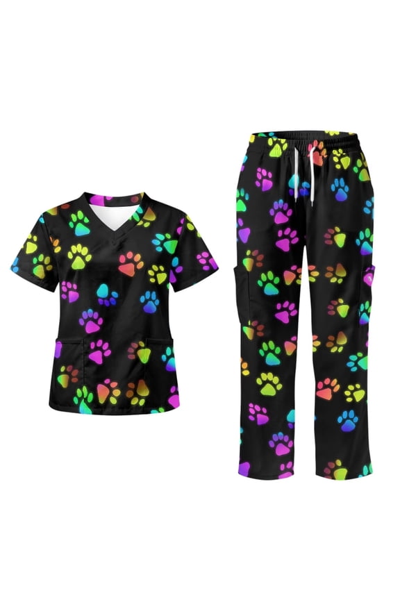 Yspwyqan Rainbow Paw Print Scrubs for Women Set, 2 Piece V-Neck Short Sleeve Scrub Top & Straight Leg Pants, Stretchy Breathable Uniforms with 6 Pockets for Medical Nurse, Size S