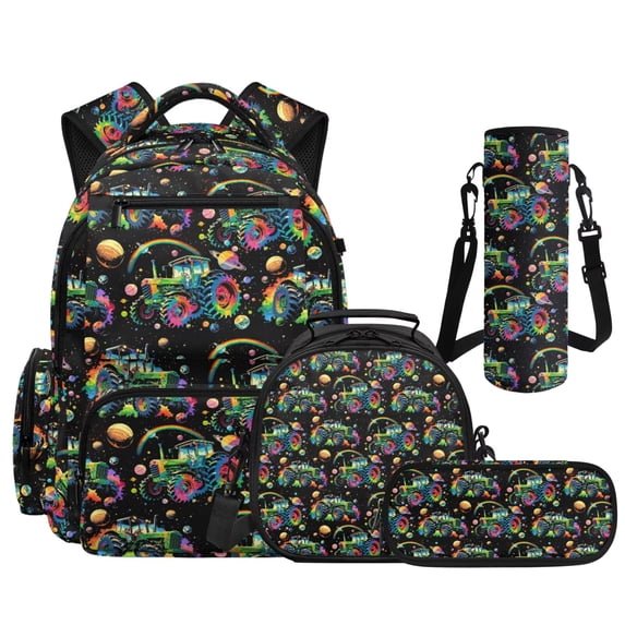 Yspwyqan Rainbow Space Tractor Boys Backpack Lunchbox Set, 4Pcs with Lunch Box Water Bottle Bag, 17 Inch Adjustable Straps Large Capacity Bookbag Front Pocket for School Travel