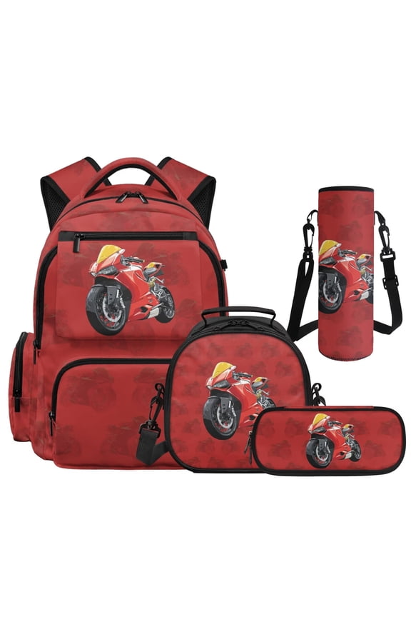 Red Motorcycle Kids Backpack Set for Boys, 4 Piece with Lunch Box Water Bottle Bag 17 Inch Lightweight Multi-Pocket Bookbag Fits 15.6 Laptop for Elementary