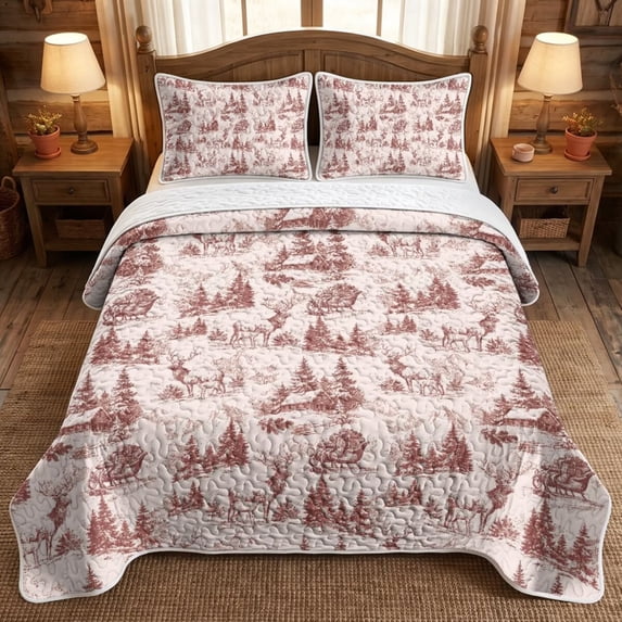 Red Transferware Set Yspwyqan Red Toile Winter Quilt Set Full Size, 3 Pieces Stitched Elk ...