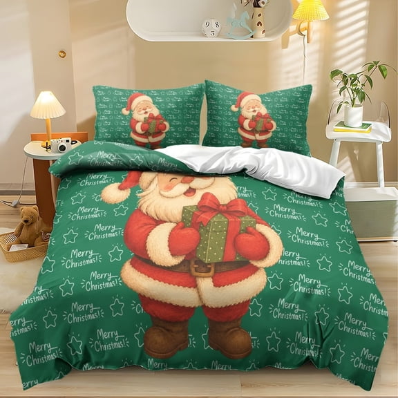Yspwyqan Santa Claus Print 3 Piece Bedding Set Twin XL Size, Soft Breathable Christmas Themed Bed Comforter with 2 Pillow Shams for Kids Bedroom Holiday Decor
