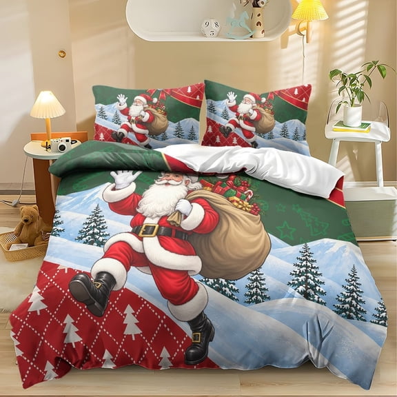 Yspwyqan Santa Snowy Print Full Size 3 Piece Comforter Set, Soft Christmas Bed in a Bag Bedding with 2 Pillow Shams for Winter Holiday Bedroom Decor