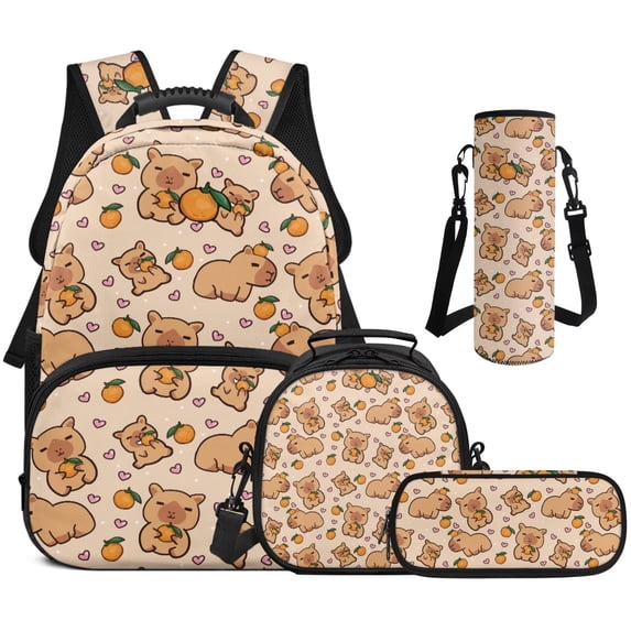 Yspwyqan School Backpack Set for Boys Girls, Orange Fruit Capybara Backpack with Lunch Box Pencil Case Water Bottle, 17 Inch Trendy Bookbag Fits 13 Inch Laptop for Middle High