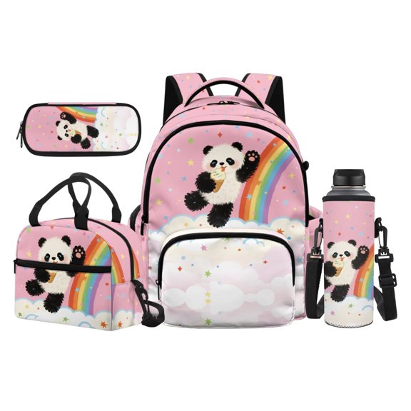 Yspwyqan School Backpack Set for Girls, Rainbow Panda Backpack Set with Lunch Box Pencil Case Kids, 4 Piece Lightweight Large Capacity Bookbag for Elementary Primary