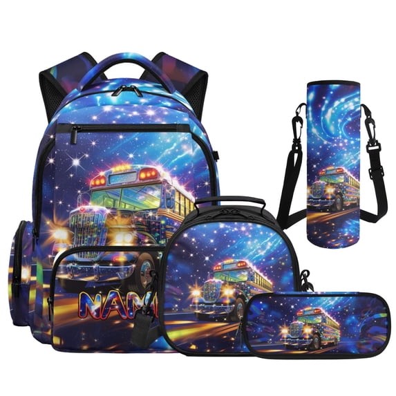 Yspwyqan School Backpack Set for Kids, Matching Lunch Box Set 4Pcs, Galaxy School Bus Lightweight Casual Bookbag Multi-Pocket Fits 15.6 Laptop for Travel