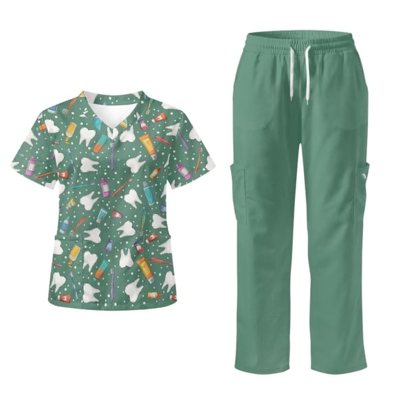 Yspwyqan Scrub Set for Women, Dental Pattern Green V-Neck Scrub Top and Straight Leg Pants 2 Piece, Breathable Stretchy Working Shirts for Dentist Work, Size 4XL