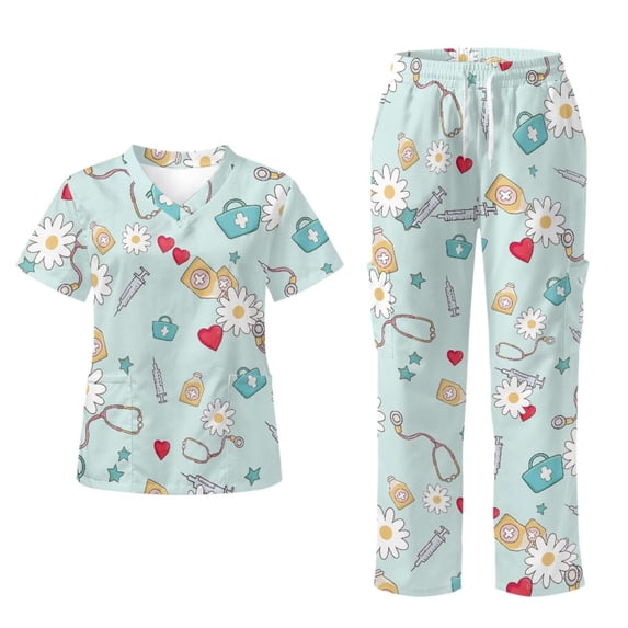 Yspwyqan Scrub Set for Women Medical, 2 Piece Short Sleeve V-Neck Scrubs, Stretchy Comfortable Blue Medical Floral Shirts with Pockets for Nurse Healthcare Work, Size XL