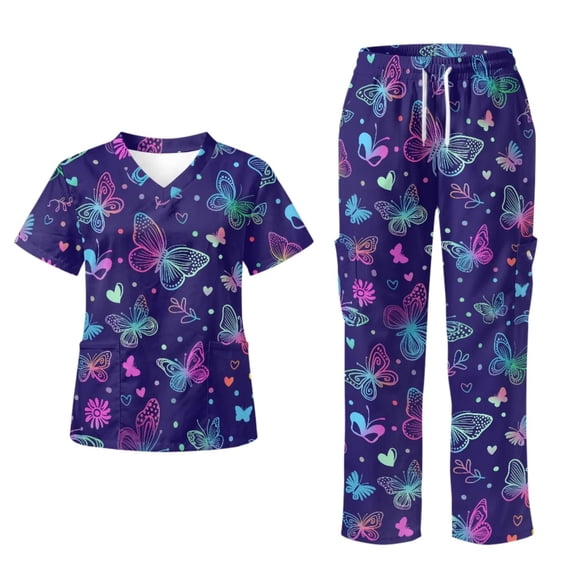 Yspwyqan Scrub Set for Women Nurse, Gradient Butterfly V-Neck Scrub Top & Cargo Pants 2PCS, Breathable Comfortable Lightweight Workwear with 6 Pockets for Pet Grooming, Size M