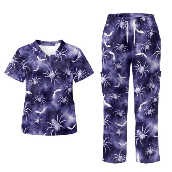 Yspwyqan Scrub Set for Women Nurse, Spider Bat Print V-Neck Scrub Top & Cargo Pants 2PCS Size S, Breathable Comfortable Lightweight Holiday Nursing Uniforms with 6 Pockets for Pet Grooming