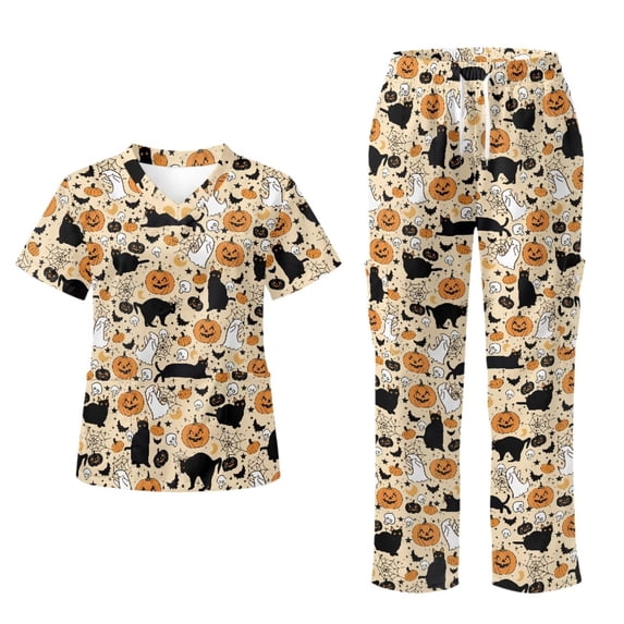 Yspwyqan Scrub Suit Women Set, Black Cat V-Neck Scrub Top and Straight Leg Pants Size 3XL, Stretchy Cozy Working Uniforms with 6 Pockets Quick Dry for Salon Spa Pediatric Clinic