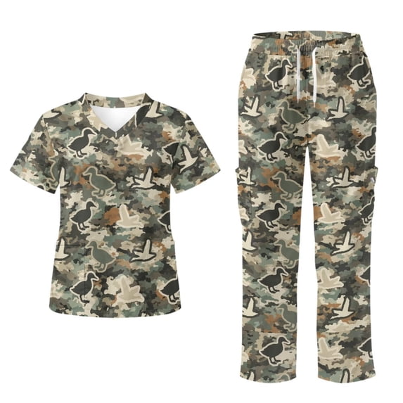 Yspwyqan Scrub Suit Women Set, Duck Camo Print V-Neck Scrub Top and Straight Leg Pants Size 2XL, Stretchy Cozy 2PCS Medical Uniforms Quick Dry for Salon Spa Pediatric Clinic