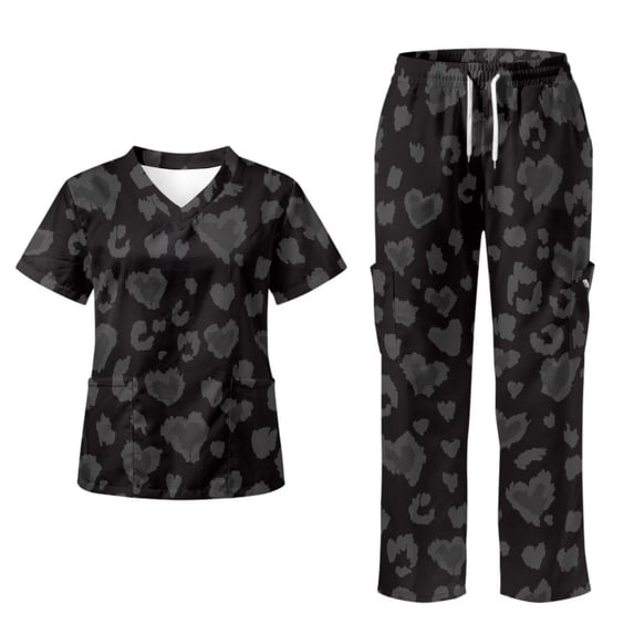 Yspwyqan Scrub Suit Women Set Size 3XL, Gray Heart Leopard V-Neck Scrub Top and Straight Leg Pants, Stretchy Cozy 2PCS Workwear with 6 Pockets Quick Dry for Salon Spa Medical Clinic