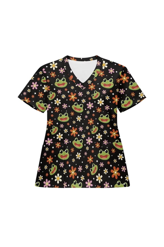 Scrub Tops Women Print Cute Frog Hippie Flower Polyester V Neck Nurse Working T Shirt Comfortable Stretchy Medical Nursing Uniforms Dental Work, Size S