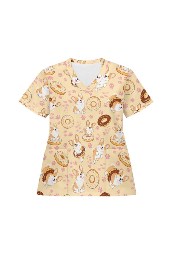 Scrub Tops Women Print Size L Kawaii Corgi Doughnut Breathable Comfortable Nursing Working Shirt Lightweight Fashion Holiday Uniforms for Nurse