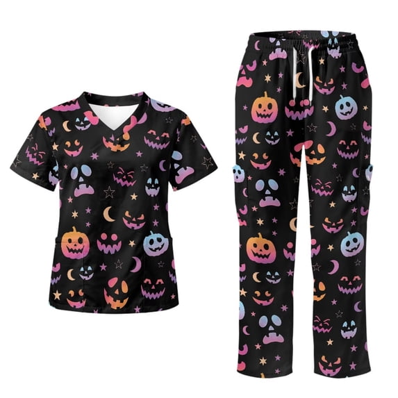 Yspwyqan Scrub Uniforms for Women, 2 Piece Short Sleeve V-Neck Scrubs Size L, Stretchy Cozy Pumpkin Face Holiday Nursing Uniforms with Pockets for Vet Dental Medical Nursing