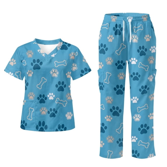 Yspwyqan Scrub Uniforms for Women Set, 2 Piece V-Neck Short Sleeve Scrubs with 6 Pockets, Blue Paw Bone Print Lightweight Quick Dry Uniform for Nurse Vet, Size 3XL