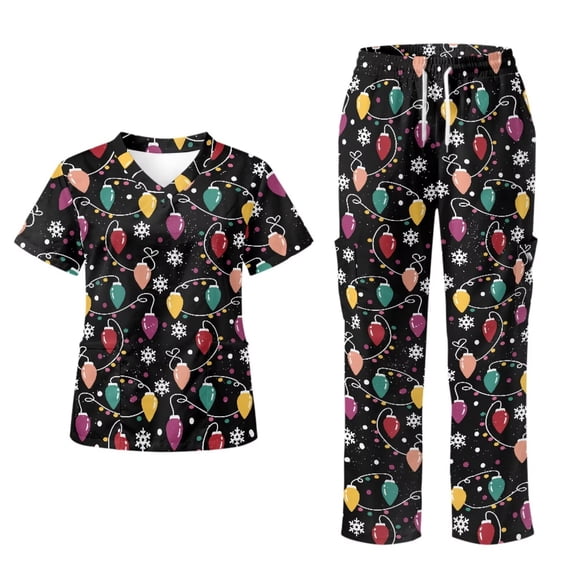 Yspwyqan Scrubs for Women Set, 2 Piece Christmas Light Short Sleeve Scrub Top & Cargo Pants, Stretchy Breathable Medical Uniforms for Nurse Vet Dental Work, Size S