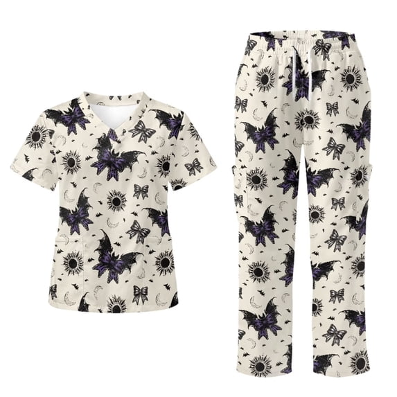 Yspwyqan Scrubs for Women Set, 2 Piece V-Neck Short Sleeve Scrub Top & Jogger Pants, Gothic Bat Breathable Quick Dry Medical Uniforms with 6 Pockets for Medical Nurse Work, Size S