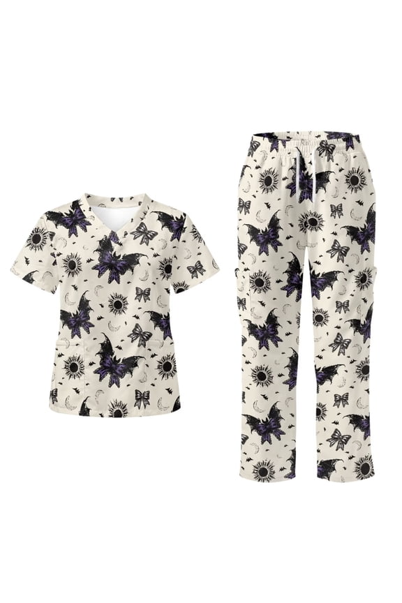 Yspwyqan Scrubs for Women Set, 2 Piece V-Neck Short Sleeve Scrub Top & Jogger Pants, Gothic Bat Breathable Quick Dry Medical Uniforms with 6 Pockets for Medical Nurse Work, Size 3XL