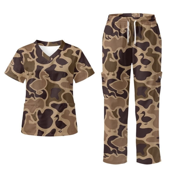 Yspwyqan Scrubs for Women Set, 2 Piece V-Neck Short Sleeve Scrub Top & Jogger Pants, Stretchy Breathable Brown Duck Camo Uniforms with 6 Pockets for Medical Nurse Work, Size S