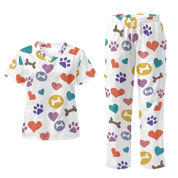 Yspwyqan Scrubs for Women Set, 2 Piece V-Neck Short Sleeve Scrub Top & Straight Leg Pants, Stretchy Breathable Colorful Pet Paw Medical Uniforms with 6 Pockets for Nurse Vet, Size S
