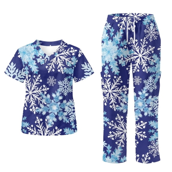 Yspwyqan Scrubs for Women Set, 2PCS V-Neck Stretchy Scrub Top & Straight Leg Pants Size 4XL, Breathable Lightweight Blue Snowflake Medical Nurse Shirts