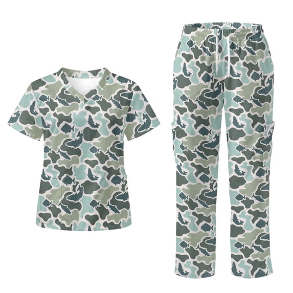 Yspwyqan Scrubs for Women Set, 2PCS V-Neck Stretchy Scrub Top & Straight Leg Pants Size L, Breathable Lightweight Fish Camo Print Medical Nurse Shirts