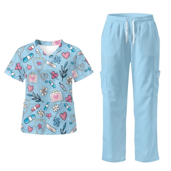 Yspwyqan Scrubs for Women Set, Blue Medical Print V-Neck Short Sleeve Scrub Top & Jogger Pants, Stretchy Breathable Lightweight Uniforms with 6 Pockets for Nurse Work, Size S