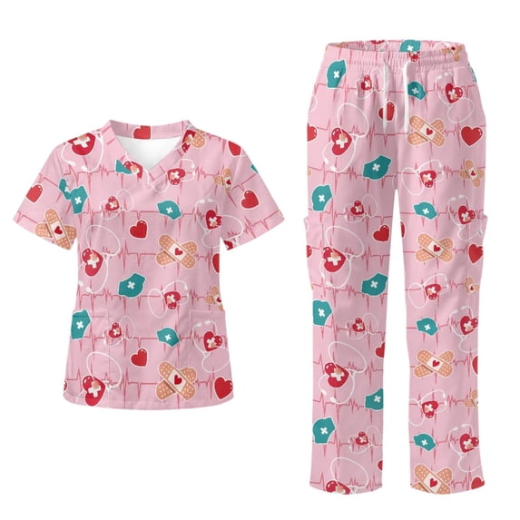 Yspwyqan Scrubs for Women Set, Pink Medical Pattern V-Neck Stretchy Scrub Top & Straight Leg Pants, 6 Pockets Breathable Lightweight Medical Nurse Uniforms, Size M