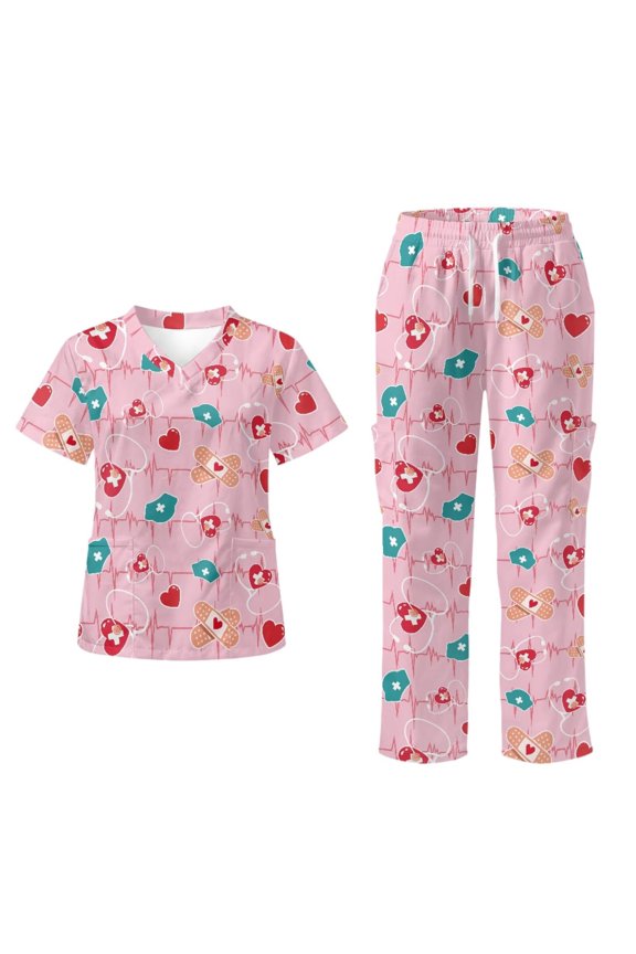 Yspwyqan Scrubs for Women Set, Pink Medical Pattern V-Neck Stretchy Scrub Top & Straight Leg Pants, 6 Pockets Breathable Lightweight Medical Nurse Uniforms, Size 3XL