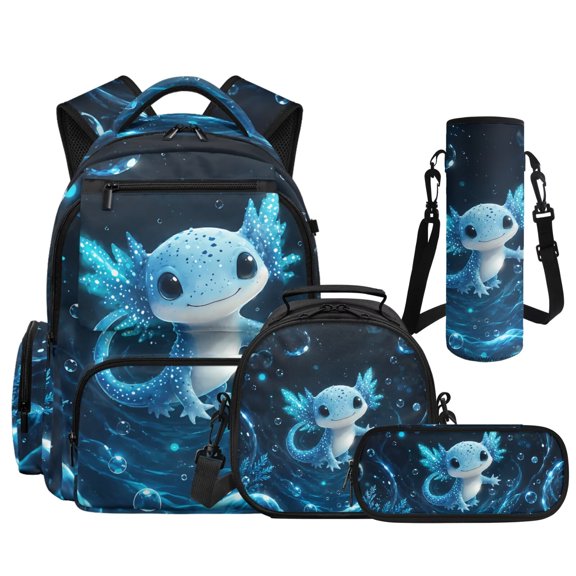 Yspwyqan Sea Blue Axolotl Backpack Set 4Pcs with Lunch Box Pencil Case Water Bottle, Multi-Pocket Lightweight Daypack for Elementary Middle School Travel