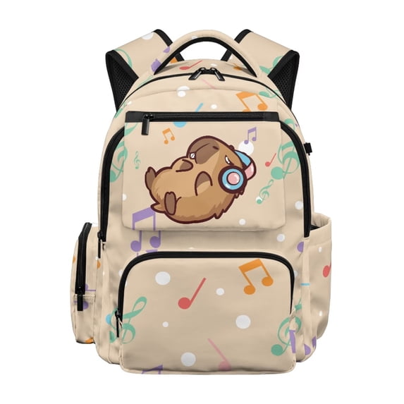 Yspwyqan Senior Kids Backpack, Music Capybara 17" Large Capacity Laptop Bookbag, Polka Dot 600D Backpack with Front Pocket Adjustable Straps for High School Hiking Camping