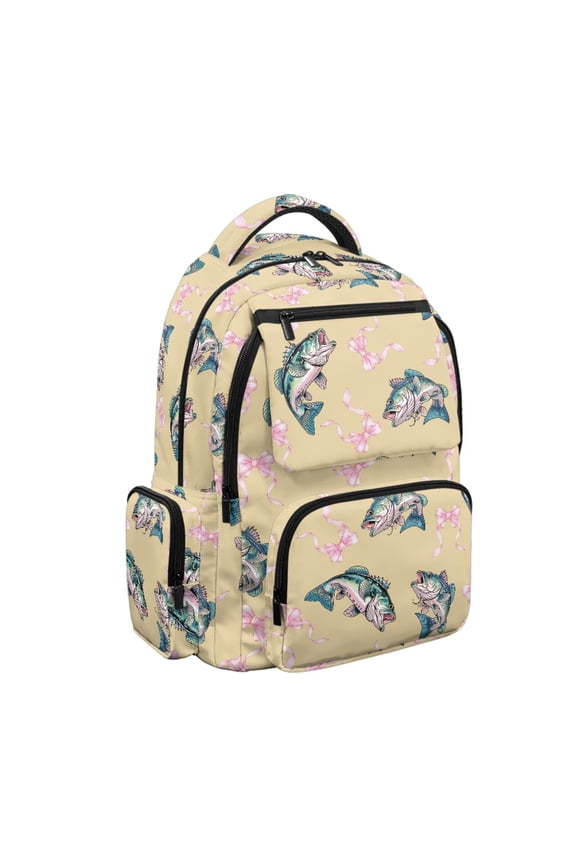 Senior Kids Pink Bow Backpack, 17" Large Capacity Laptop Backpack, Bass Fish 600D Bookbag with Front Pocket Adjustable Straps for High School Hiking Camping Travel