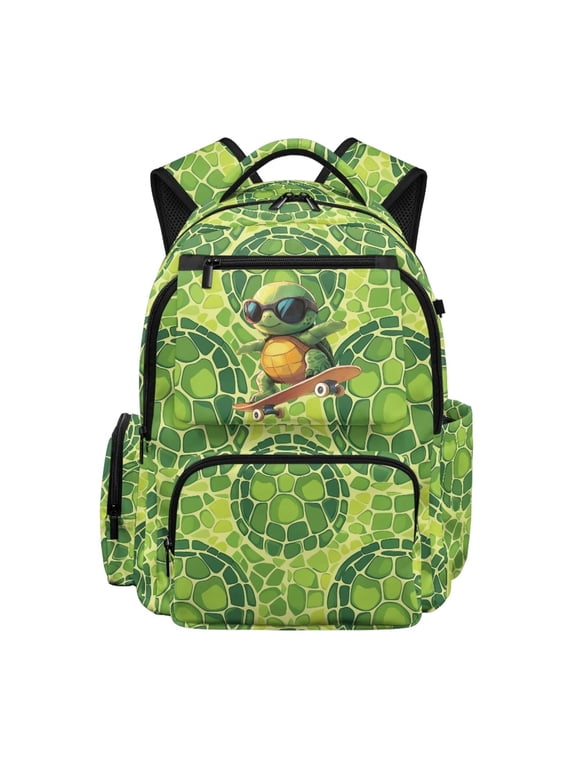 Skateboard Turtle Boys Backpack, 17 Inch Lightweight Multi-Pocket Purse, Fits 15.6 Laptop Adjustable Straps Green Shell Bookbag for Primary Middle School Back to School